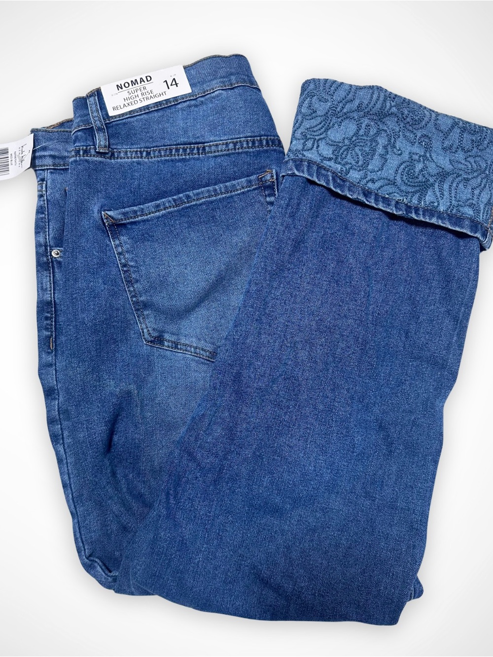 Nomad Women's Boot Cut Jeans - Indigo Blue with Patterned Cuff